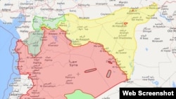 Карта Сирии на 25 апреля 2019 г. с сайта syria.liveumap.com. Цветами обозначена расстановка сил (красный – Асад, желтый – курды, светло-зеленый на севере – Турция, темно-зеленый – оппозиция)