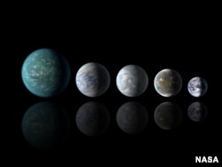 Относительные размеры планет. Слева направо: Kepler-22b, Kepler-69c, Kepler-62e, Kepler-62f и Земли