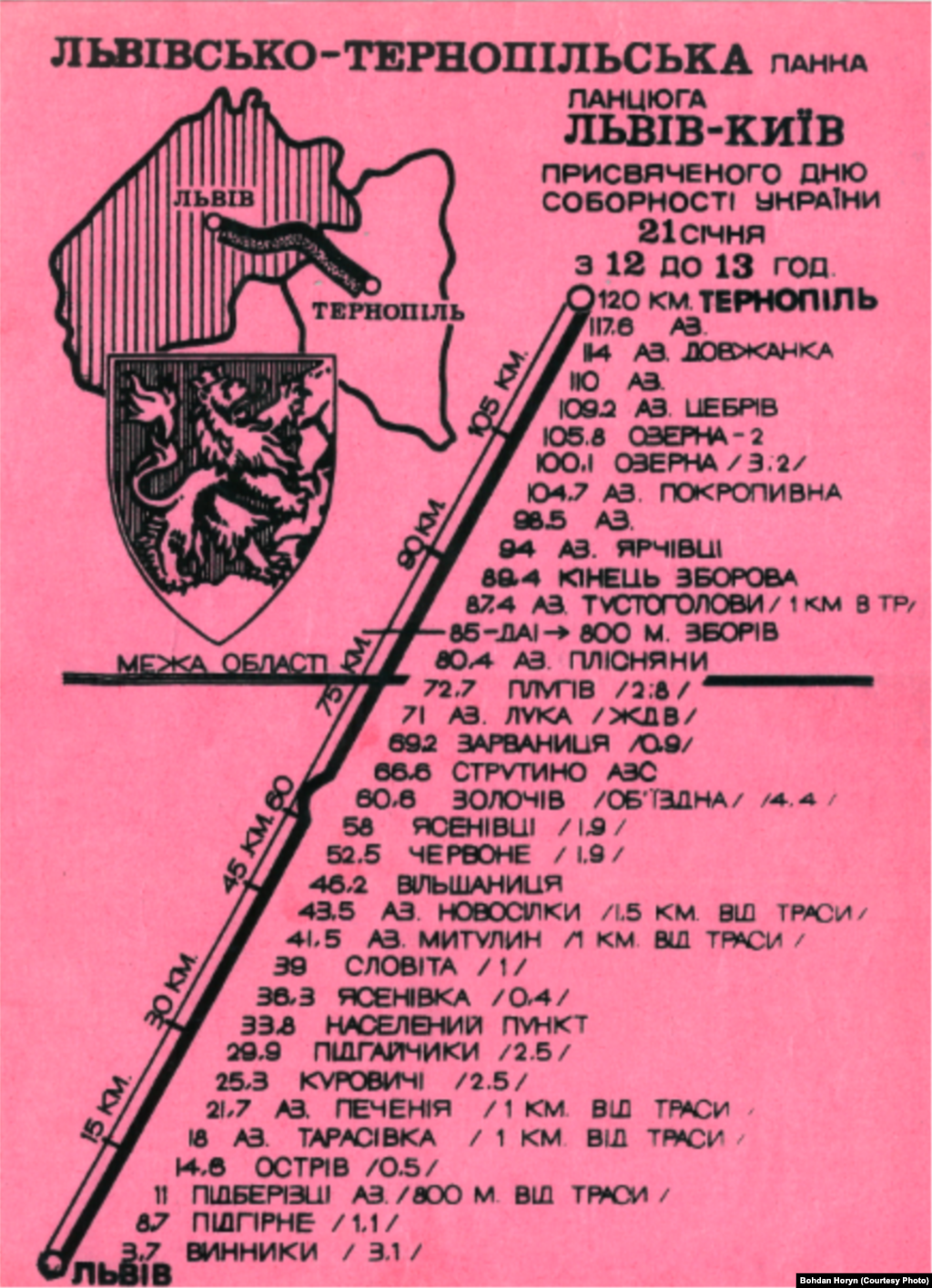 Карта&nbsp;&laquo;Живой цепи&raquo; на отрезке трассы Львов-Тернополь. Из архива Богдана Горыня